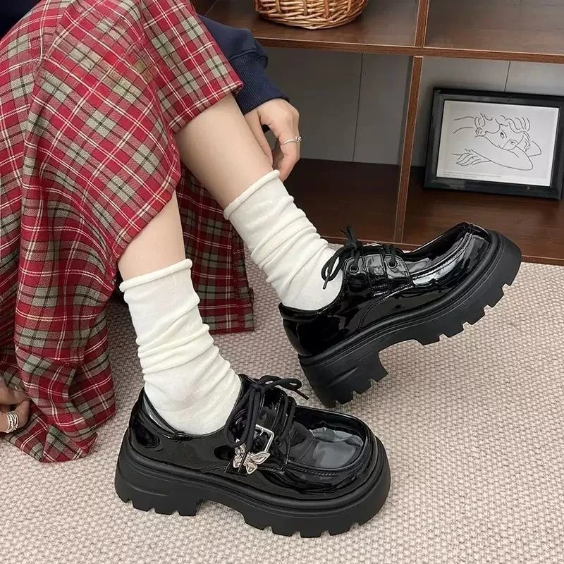 

Women's Black Thick Sole Petite Leather Shoes 2025 Spring New Arrival Vintage British Style Chunky Heel Loafer Slip On