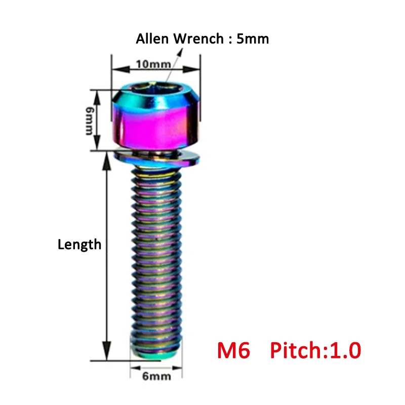 1PCS Titanium Bolt M6x20 25 35mm Cap Head Hexagon Socket with Gasket Screw for Bicycle Clamp Handle/Bowl set/Hub v-brake Fixing