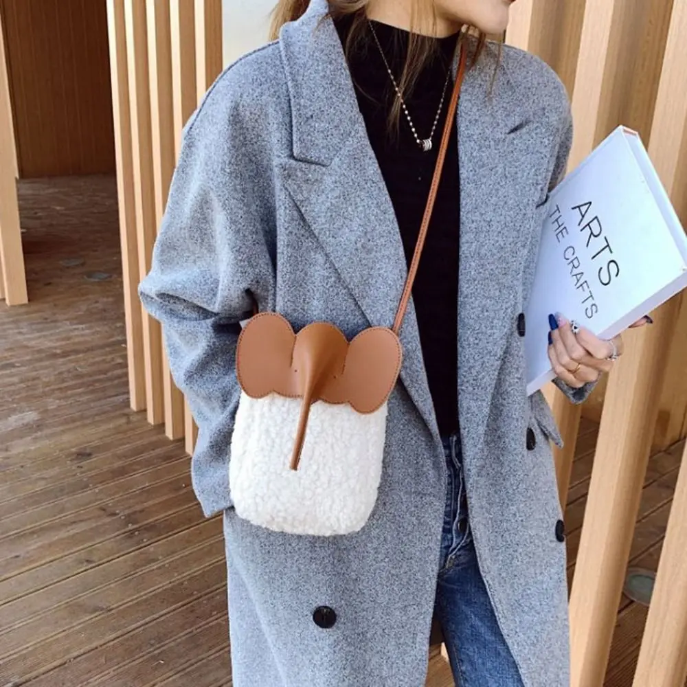 Lambswool Elephant Mobile Phone Bag Mini Square Shoulder Bag Fashion Casual Simple Plush Bag Korean Style Crossbody Bag