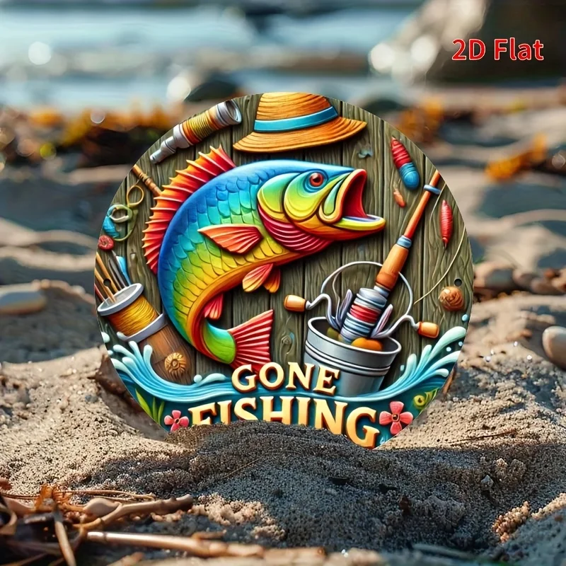 [2D Flat] 1 Stück lebendiges rundes Metallblechschild – „Gone Fishing“-Design mit buntem Fisch- und Angelausrüstung, HD-Druck, vorgebohrtes Loch