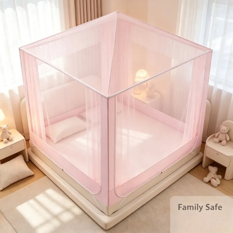 Full Enclosure Bed Canopy Mosquito Net with Anti-Fall Design & Pink Bowknot Decor for Bedroom Home Use Elegant Style