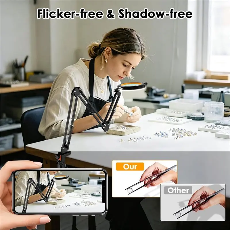 ABLN-Magnifier Lamp With 12X Magnifying Glass, Light And Stand, Hands-Free Design, Long Reach For Close Work Arm EU Plug