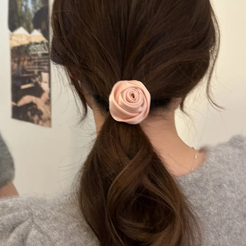 French Satin Rose Flower Scrunchies Hair Tie for Women Girls Korean Sweet Floral Ponytail Elastic Hair Band Head Rope Headdress