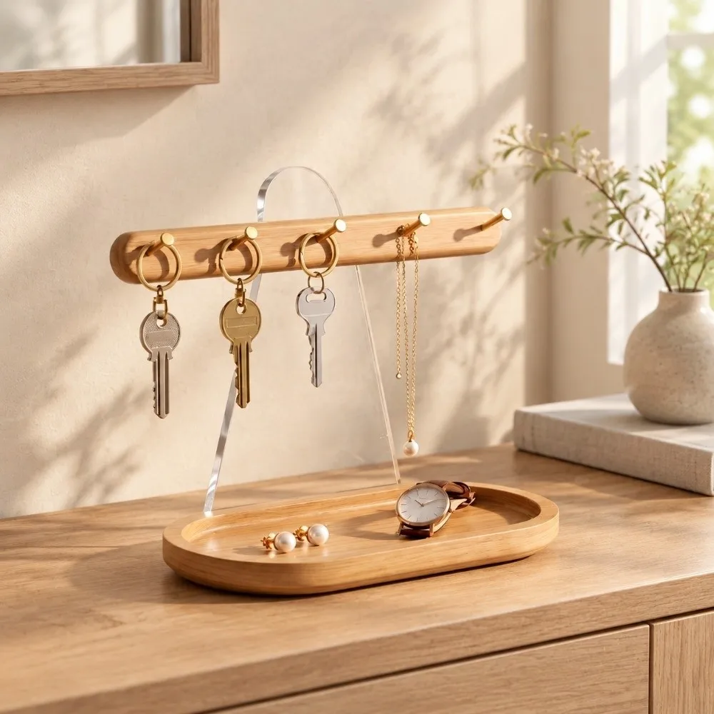 Acrylic Backboard Wooden Key Holder Large Capacity Cloud Shape Tray Jewelry Display Rack with Hook Watch Jewelry Organizer