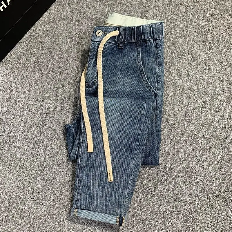 Summer Thin 2026 Elastic Waist Jeans Men's High-end Elastic Light Blue Slightly Loose Cargo Designer Man Small Straight Pants