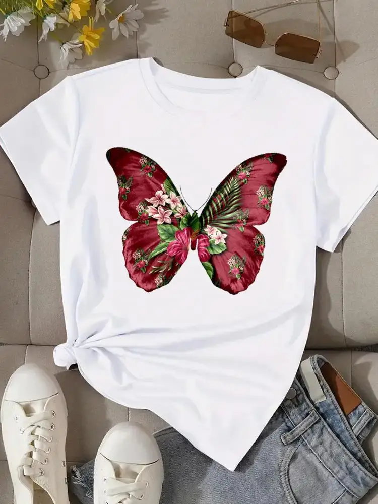 Camisetas gráficas t roupas de moda imprimir popular casual doce vintage borboleta flor feminina o-pescoço manga curta camisetas