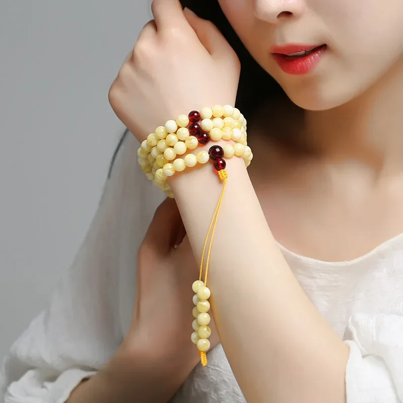 Beeswax white flower honey bracelet 108 Red Amber hand string round beads chicken oil yellow men's and women's necklace beads