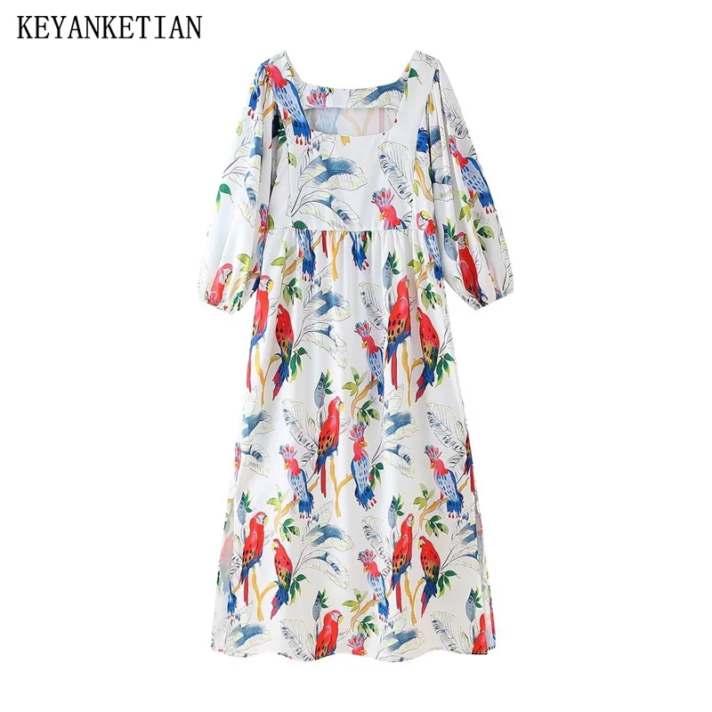 KEYANKETIAN Summer New Pastoral style Bird leaf print MIDI Dresses Women's Puff Sleeve Loose Vintage Side Split A Line Dress