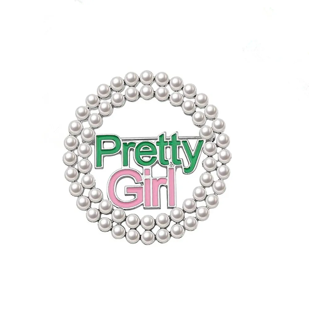 Stylish Metal Alloy Round Shape Imitation Pearl Pink Green Greek Letters Pretty Girl Pin Soror Label Brooches Jewelry