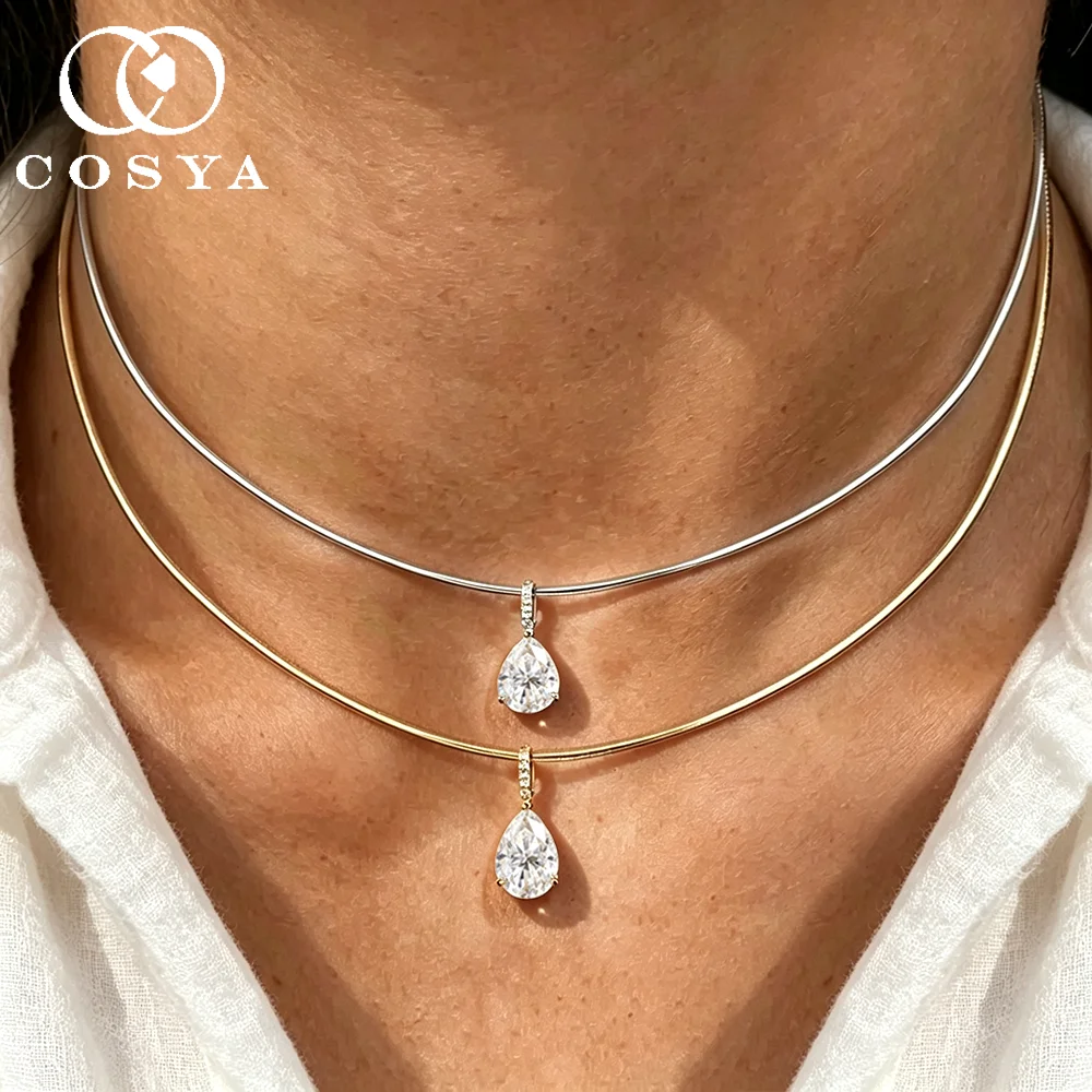 COSYA 2/3CT Pear Cut Moissanite Choker Necklaces S925 Silver Plated 18K Gold Solitaire Waterdrop Collar Chain Fine Jewelry Gift