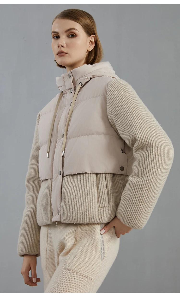 BC800 High Quality Luxury Wool Patchwork White Goose Down Jacket Winter Women's Clothing