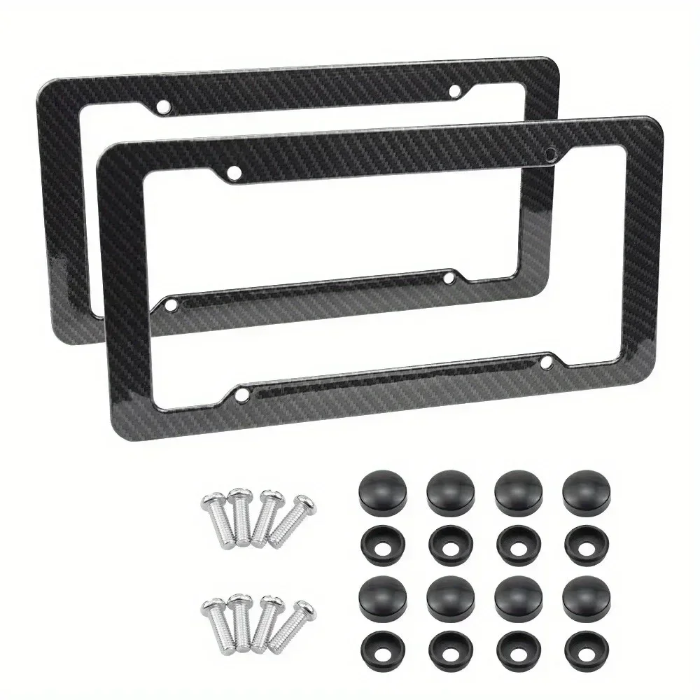 Carbon Fiber License Plate Frame-Black Plastic Front & Rear Car Tag Holder Cover With Mount Hardware, Screws