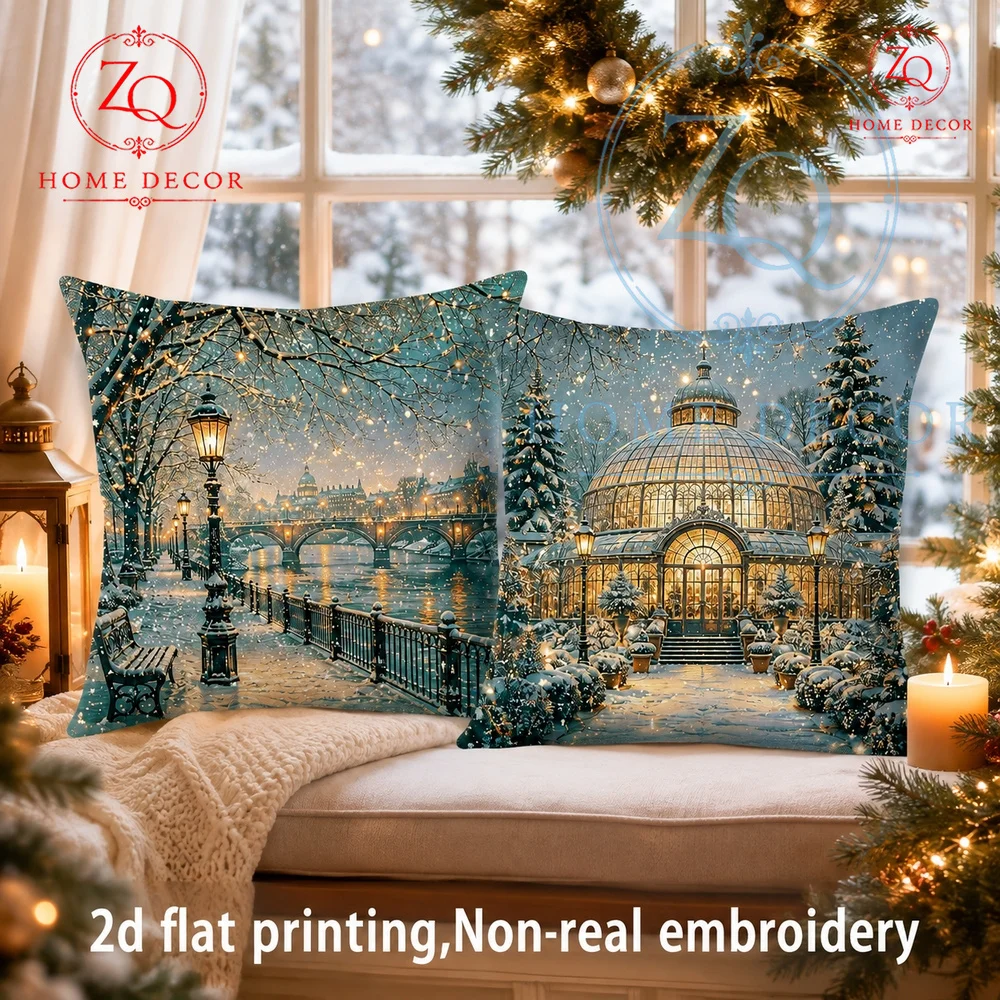 Vintage Winter Riverside Christmas Throw Pillow Cover Cozy Snowy Night Scene Cushion Case for Holiday Bedroom Sofa Decor