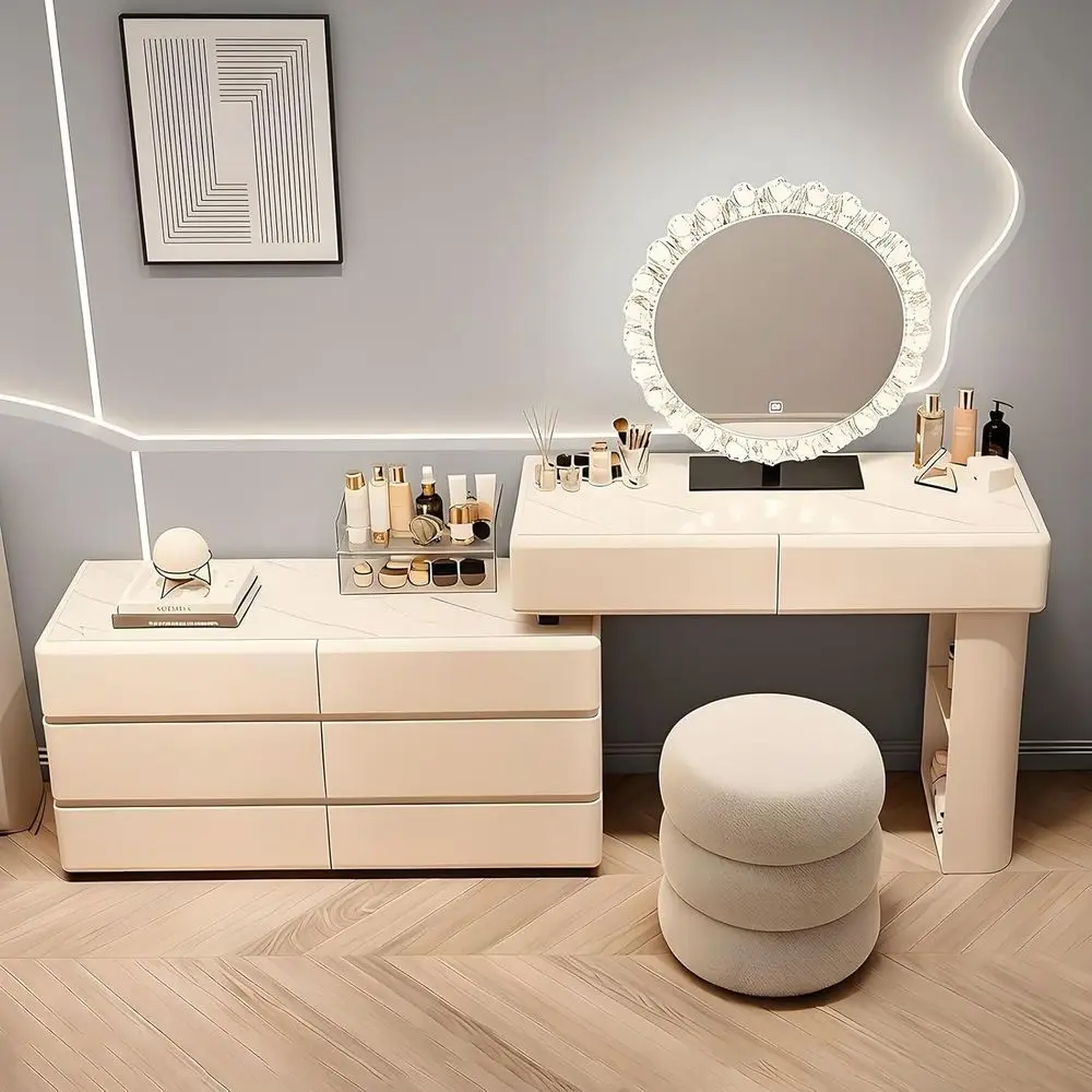 

LED Crystal Mirror Vanity Desk with 8 Drawers, Rock Slab Makeup Table and Stool for Bedrooms (47.2)