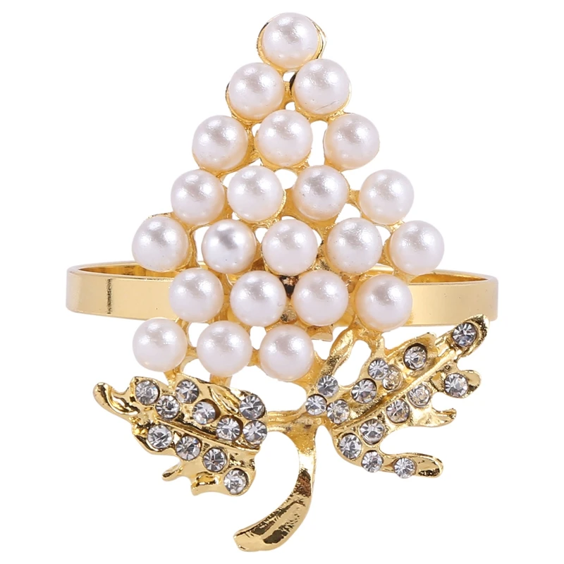 Grapes Napkin Rings Set Of 6, With Glittering Imitation Diamond And Pearls Inlay Alloy Napkin Ring Holder