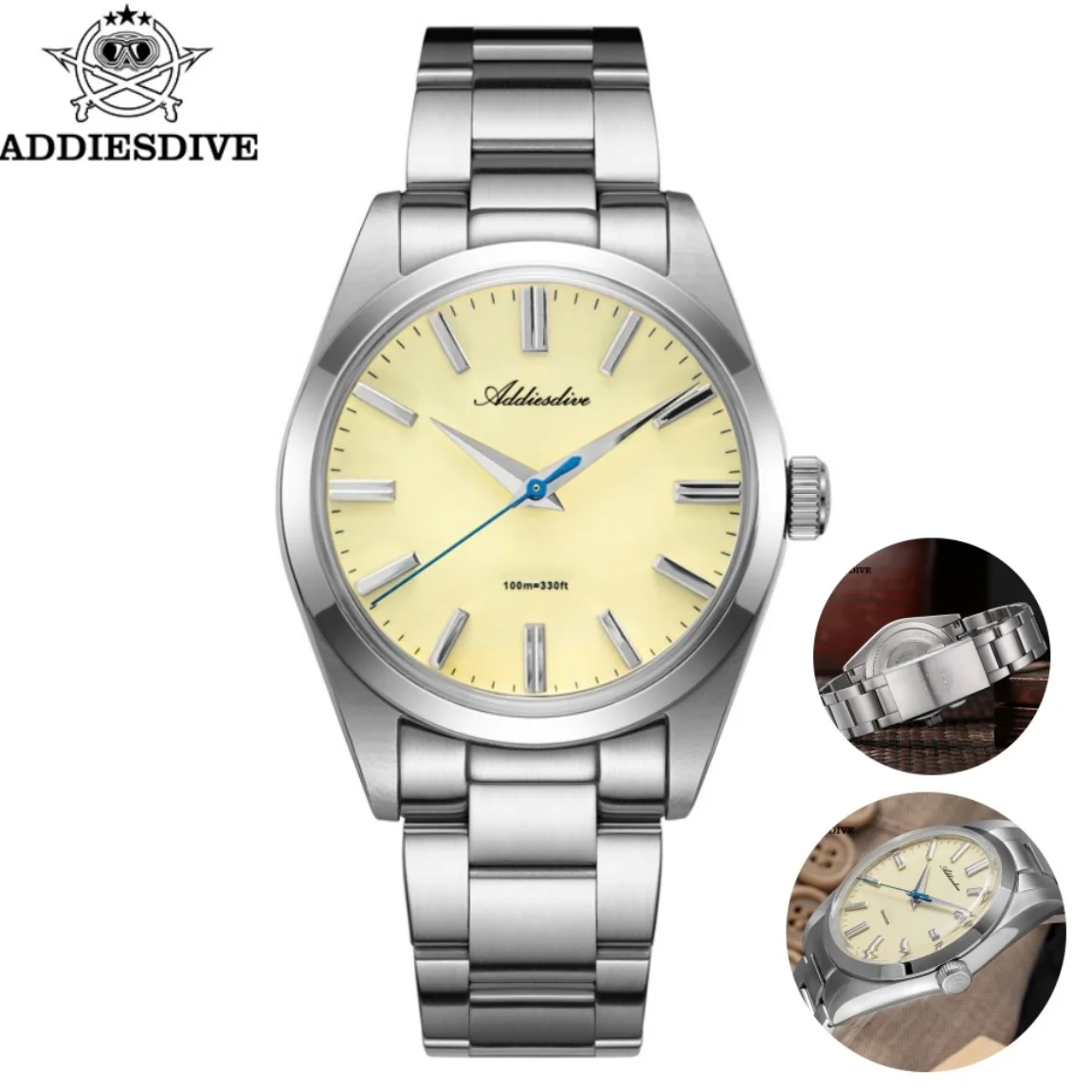 ADDIESDIVE New Men's Quartz Watch Luxury Sapphire Stainless Steel Watches Classic Beige Dial Waterproof Wristwatch Reloj Hombre