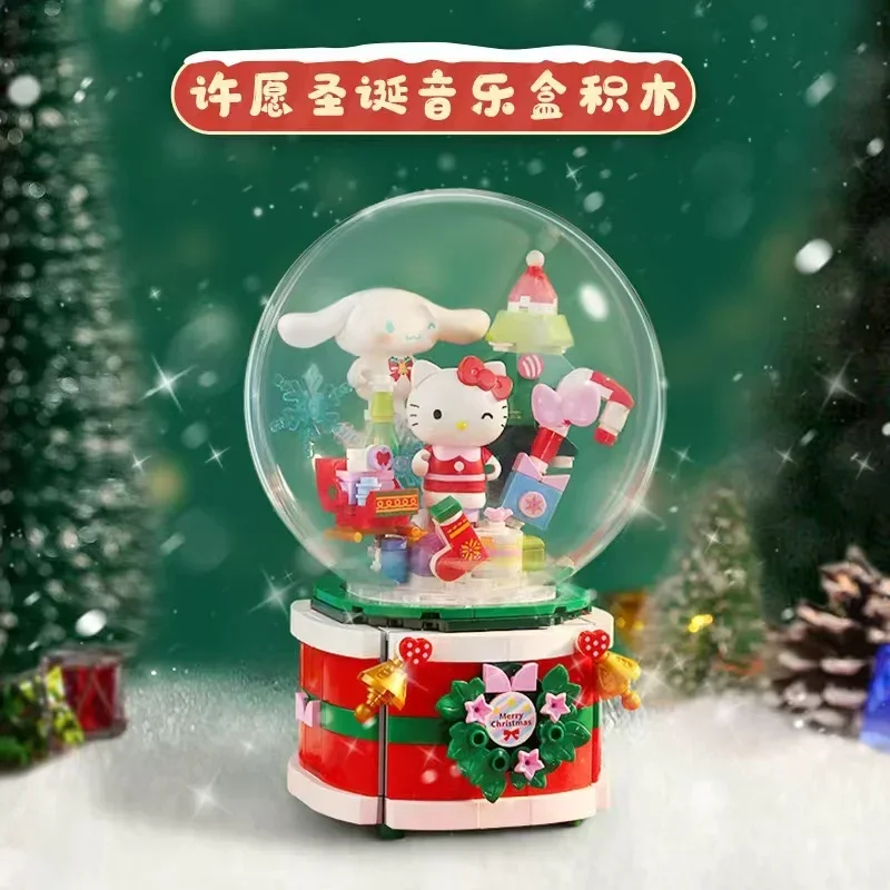 Anime Sanrio Hello Kitty Wish Christmas Time Rotating Music Box Cartoon Figures Assemble Model Building Blocks Puzzle Toys Gifts