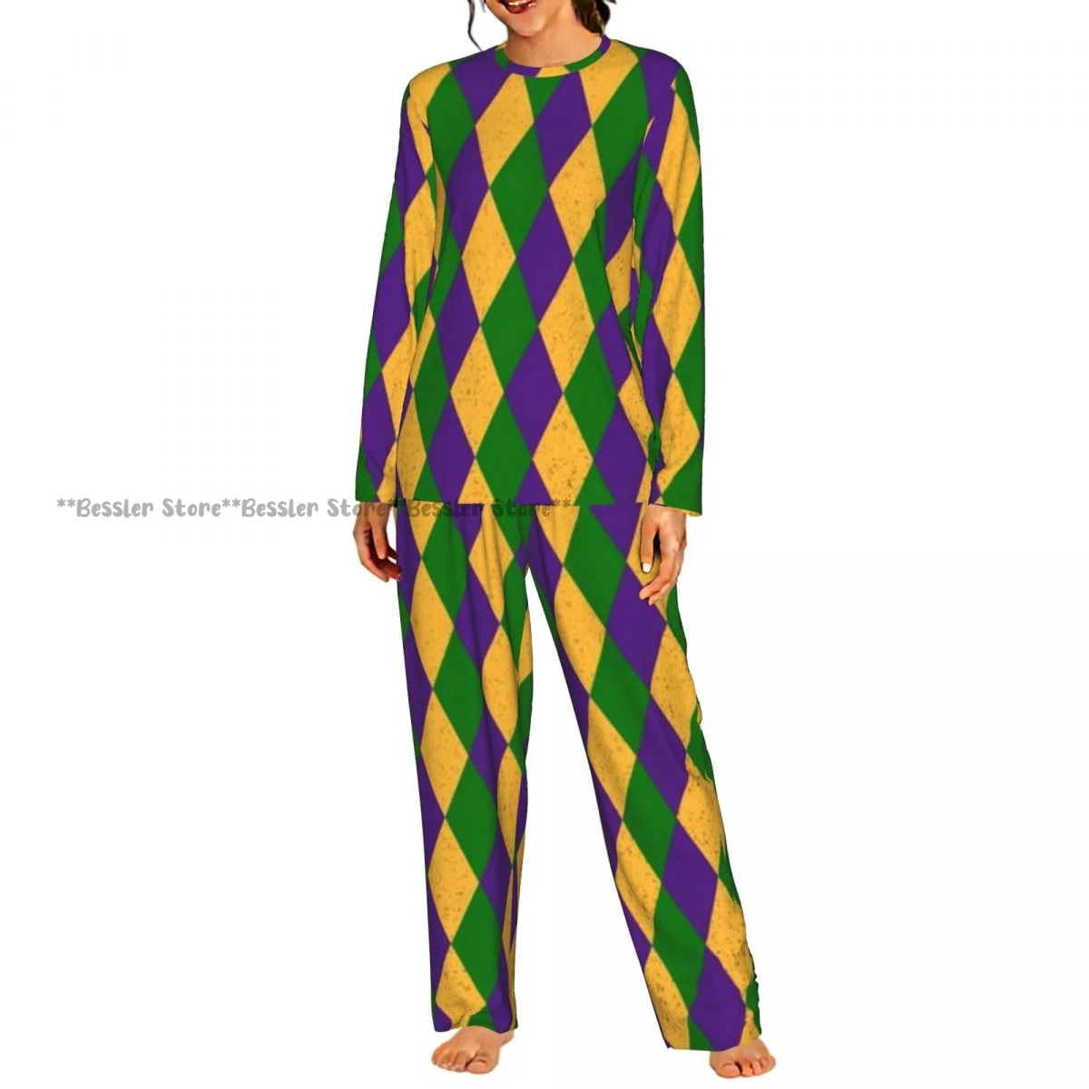 Women Round Neck Pajamas Set Mardi Grass Plaid Long Sleeve Tops + Long Pants
