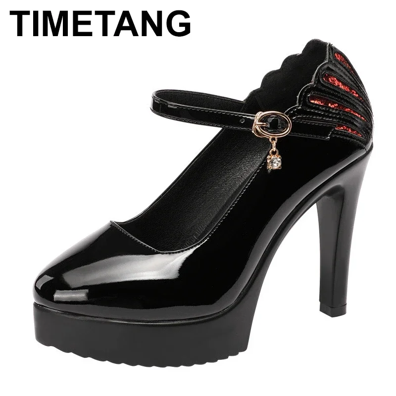 

TIMETANG/Новые женские туфли-лодочки, черные женские туфли из лакированной кожи на высоком каблуке 11 см, толстые осенние женские рабочие туфли с острым носком