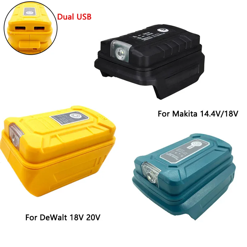 Dual USB-uitgangspoorten Batterijadapter voor Makita/DeWalt 18V 20V Li-ion batterij met LED-werklamp Power Bank Telefoonoplader