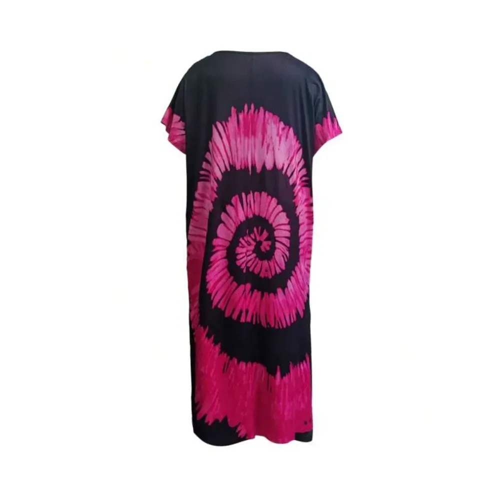 Plus size novo feminino boho tie-dye com decote em v praia cover-up vestido longo em torno do pescoço vestido plissado de manga curta