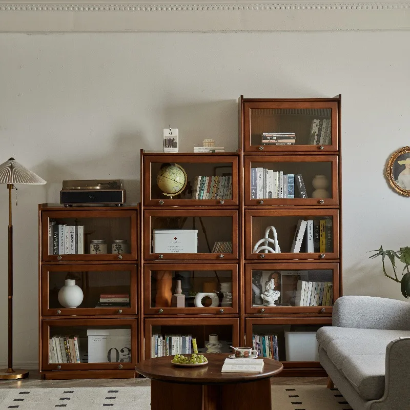 Estante infantil de madeira maciça, armário integrado contra a parede, estante com porta de vidro multicamadas, apartamento pequeno, sala de estar