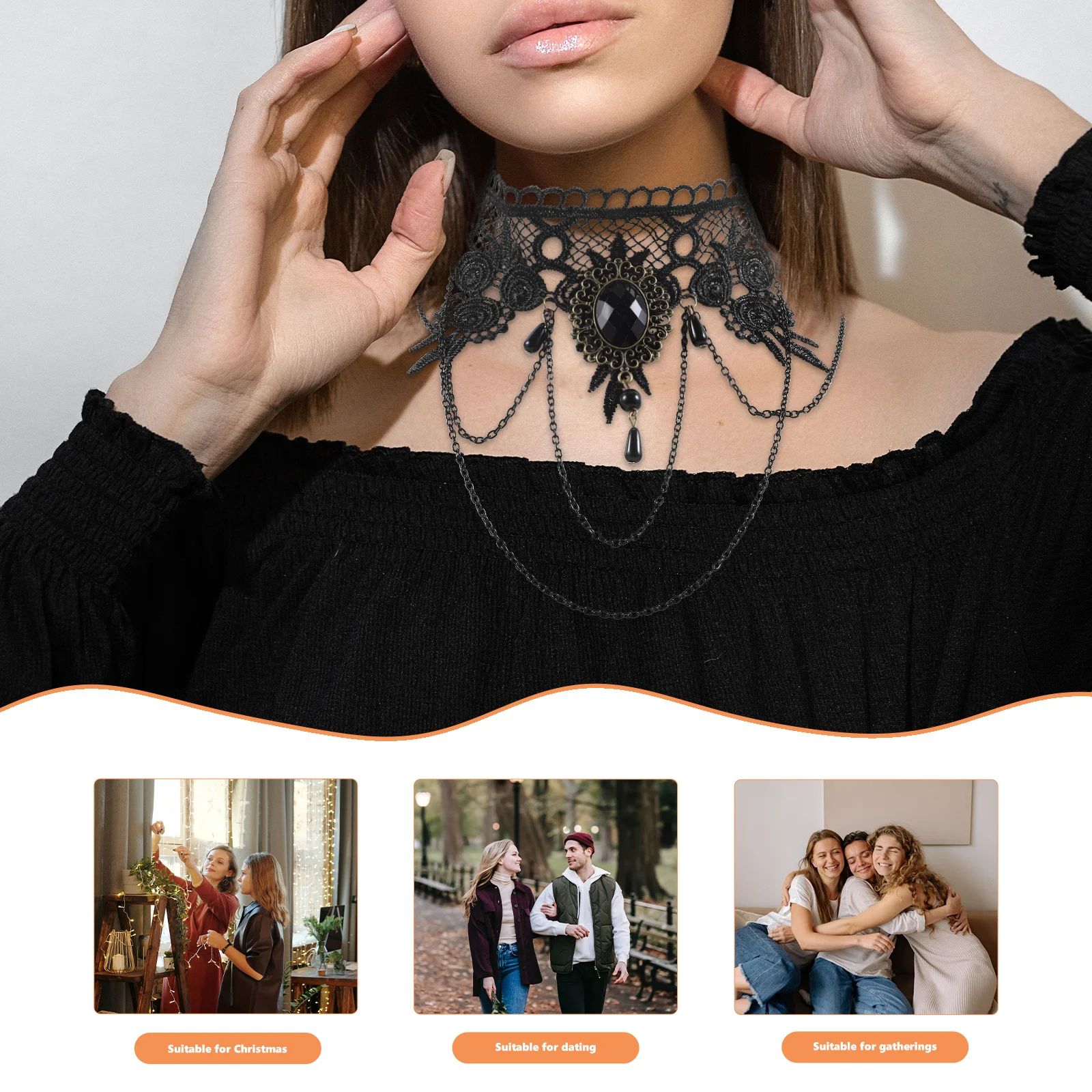 

Wide Necklace Gothic Style Lace Adjustable Length Black Chain Collar Jewelry Women Girls Accessories Halloween