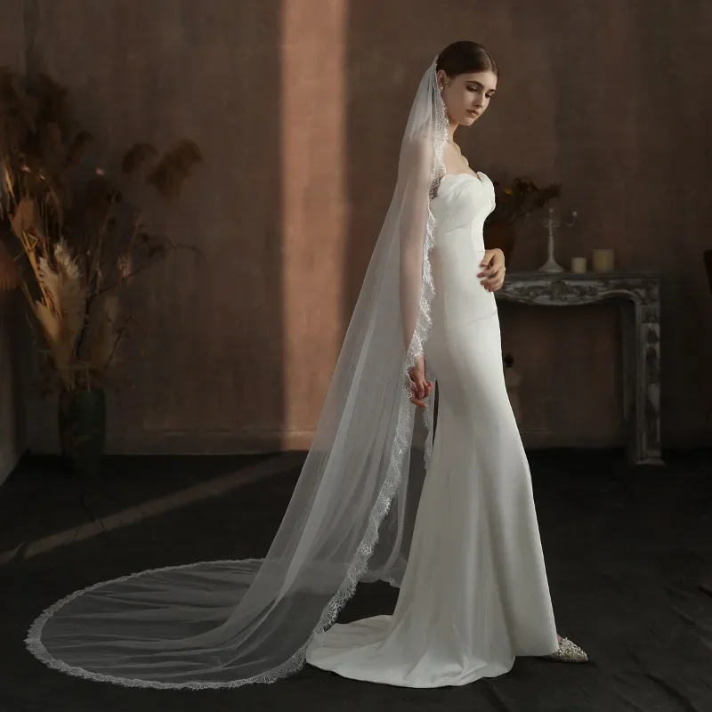 

Eyelash Lace Bridal Veil Single Long Train Wedding Band Hair Comb Veils