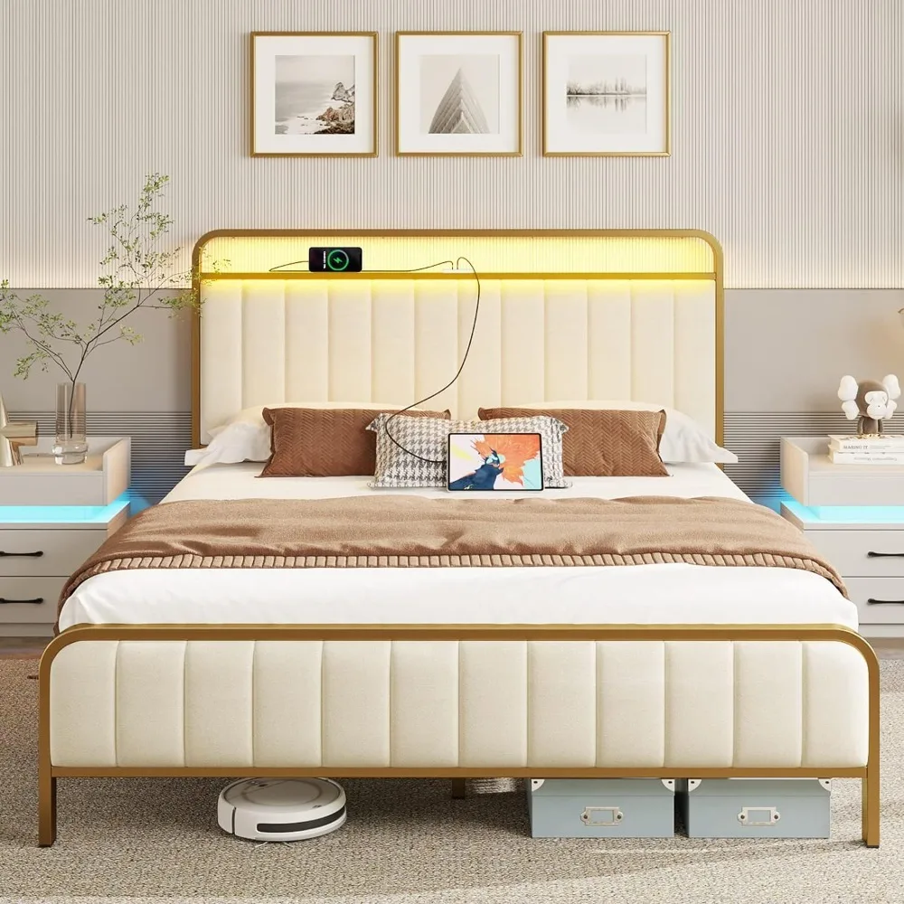 

Full Size Bed Frame with LED Light and Charging Station, Upholstered Headboard and Footboard, Metal Slat