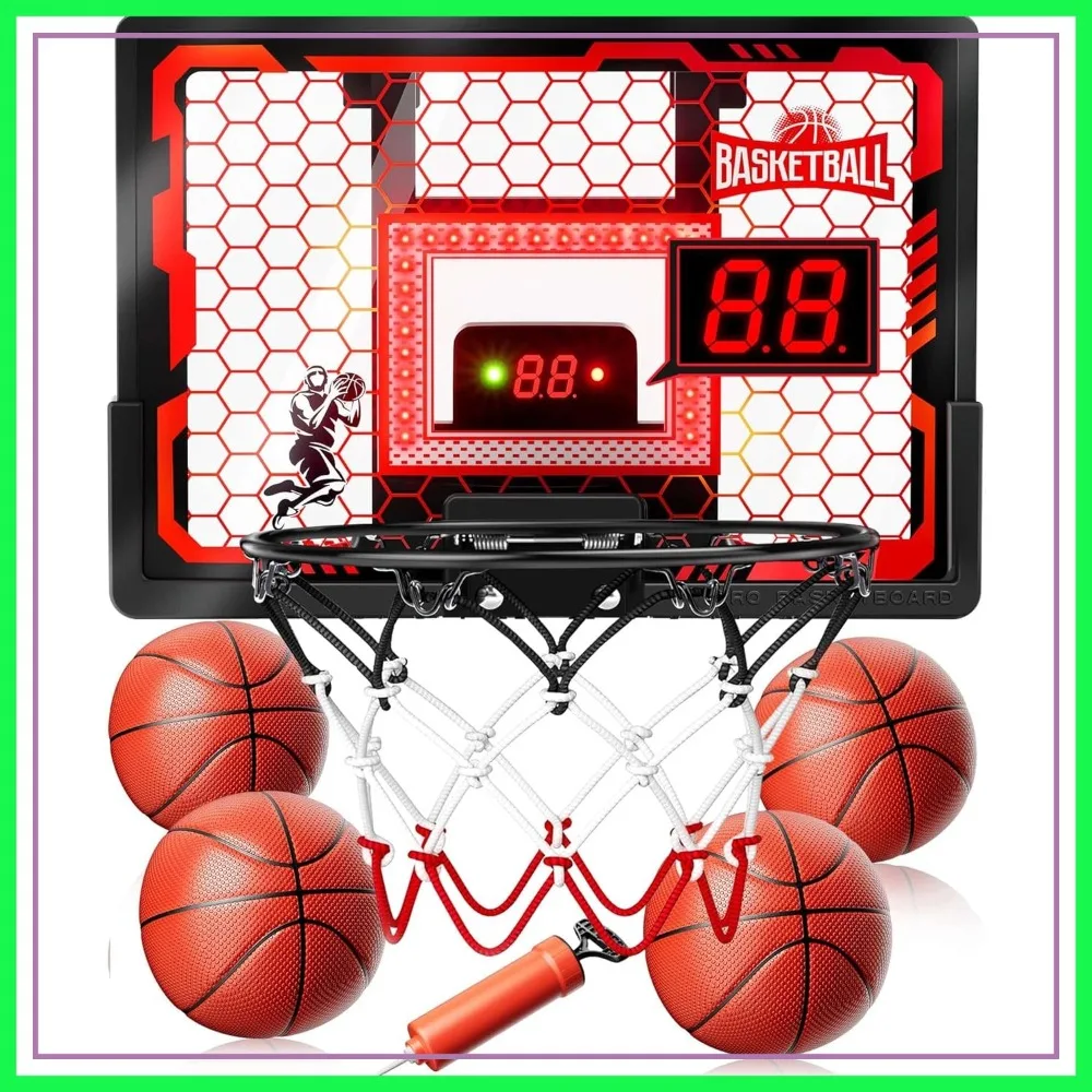 

Upgraded Over Door Basketball Hoop with LED Scoreboard & 4 Balls, Anti-Impact Backboard, Indoor Fun for Ages 6-12