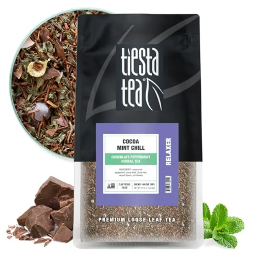 

Loose Leaf Tea, Chocolate Peppermint Herbal Rooibos Blend, Non-Caffeinated, Hot or Iced, Makes Up to 200 Cups, Resealable, 12 o