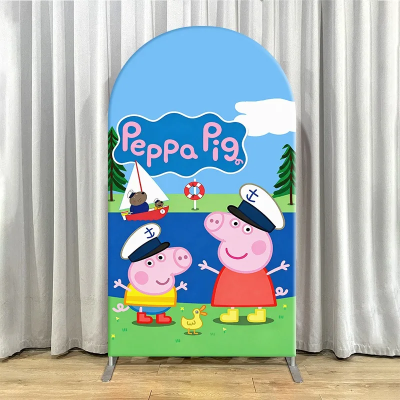 2D Flat Arch Backdrop Cover Single Layer Non-Stretch Fabric Peppa Pig Themed Party Set with Boat and Sea Scene Design