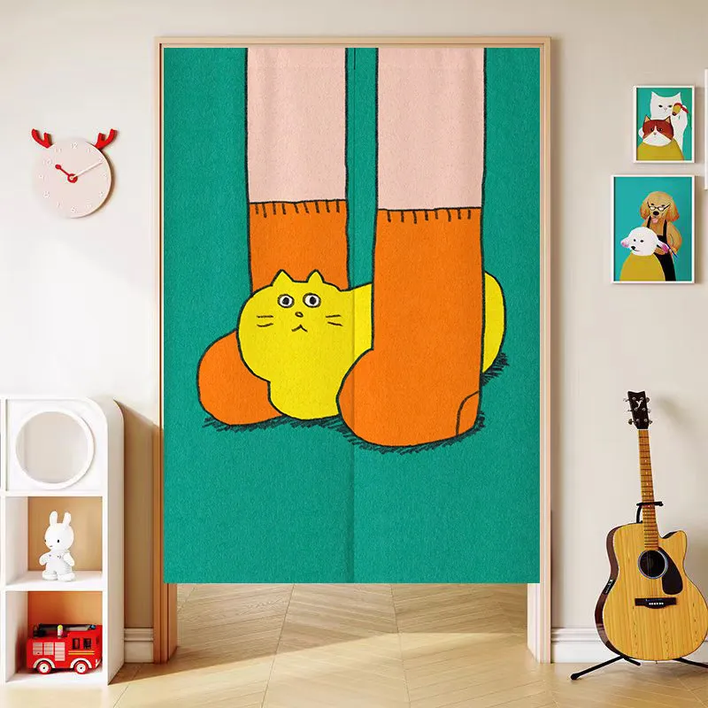 VIKAMA Cartoon White Cat Noren Door Curtain Blue Background Hanging Curtain Bedroom Door Privacy Room Divider Interior Decor