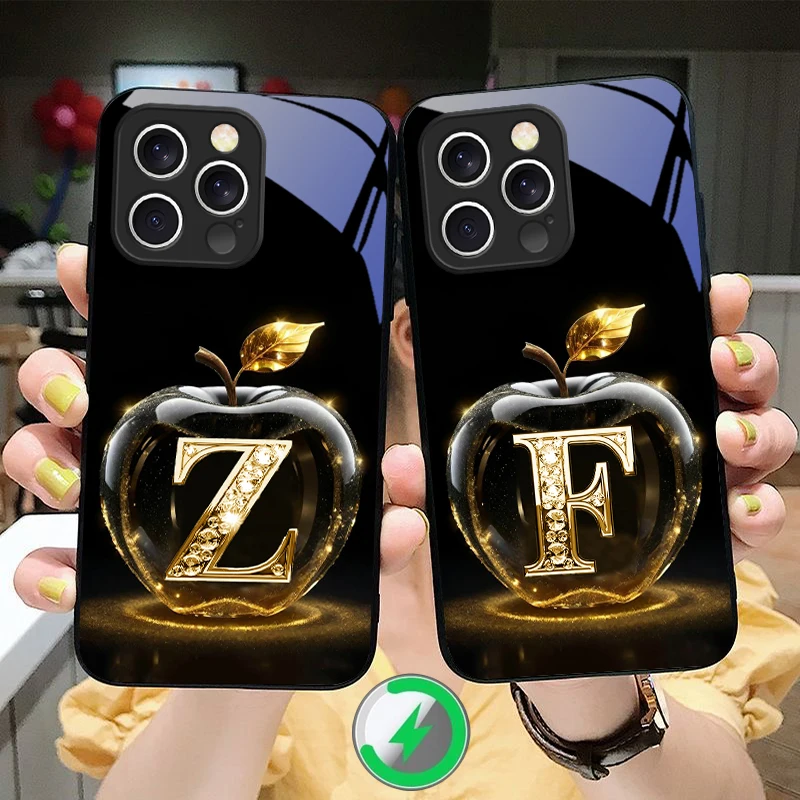 Funda de Vidrio Magsafe para iPhone 16 15 Pro 14 13 Plus 12 Mini 11 Pro Max XR Xs X 7 8 22 16E, con Letra de la Suerte para Apple