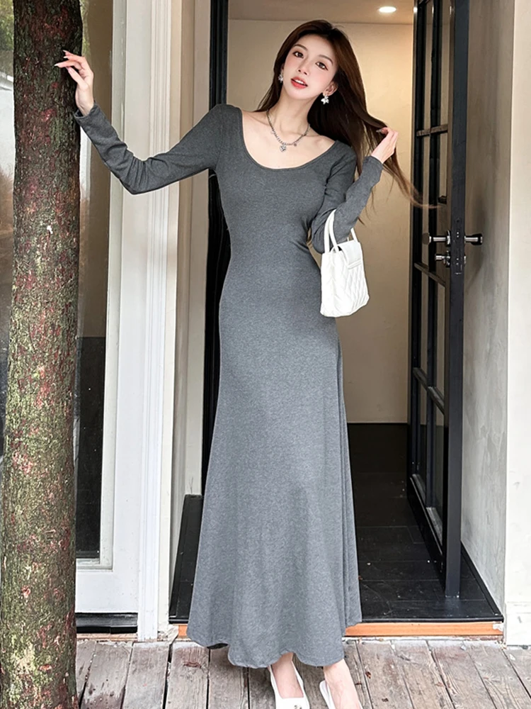 Robe Longue Extensible à Col Rond pour Femme, Vêtement Élégant, Sexy, Dos aux, Maigre, Maxi, ix, Bal, Éducatif, Mode Printemps-Automne