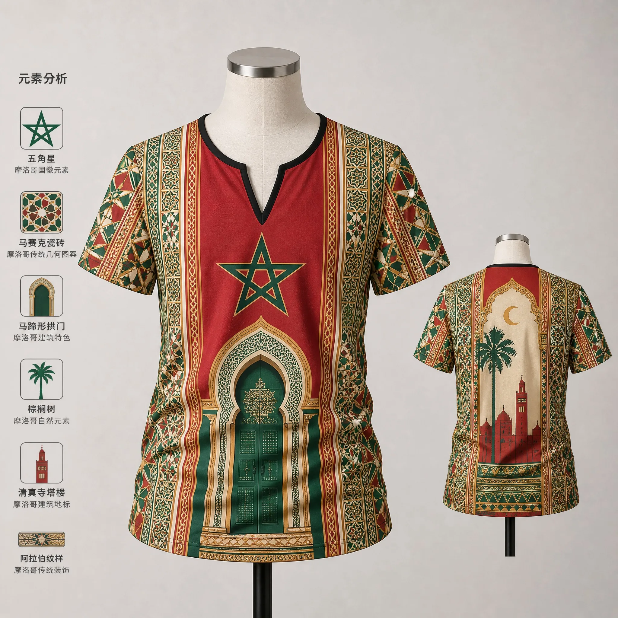 Womens V Neck Short Sleeve Morocco T Shirt Red Crest Sunrise Palace Print Casual Summer Graphic Tee Soft Travel Wear Holiday Top
