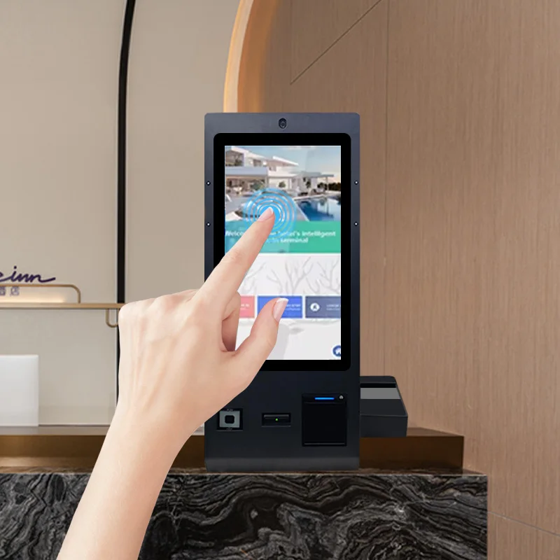 آلة طلب الخدمة الذاتية بشاشة تعمل باللمس لسطح المكتب مقاس 24 بوصة مع كشك عرض الدفع لطابعة الماسح الضوئي لجواز السفر OCR