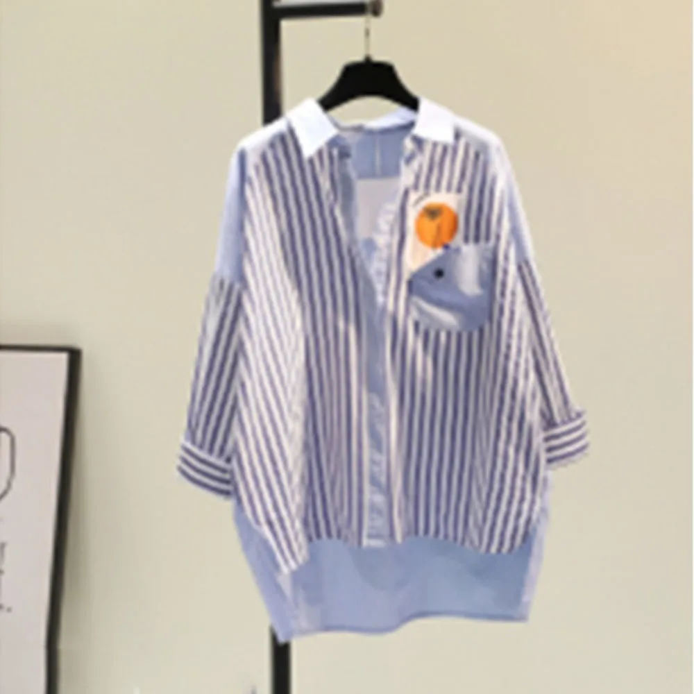 Spring And Autumn New Korean Fashion Blue Vertical Stripe Color Matching Single Pocket Casual MiddleLong Shirt Women's Dress