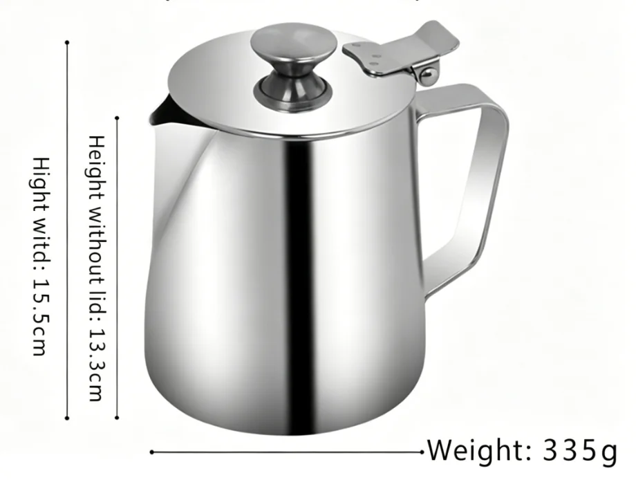 Stainless Steel Frothing Pitcher with Lid for Home and Commercial Use 8 8 11.5cm For Latte Art Coffee Jug Silver