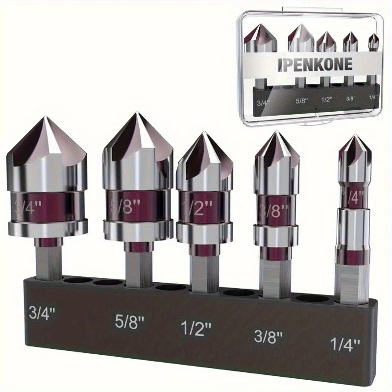 

5Pcs Countersink Drill Bit Set M35 5 Flute Countersunk Drill Bit HSS 82-Degree Hex Shank 1/4'' To 3/4'' for Wood Metal