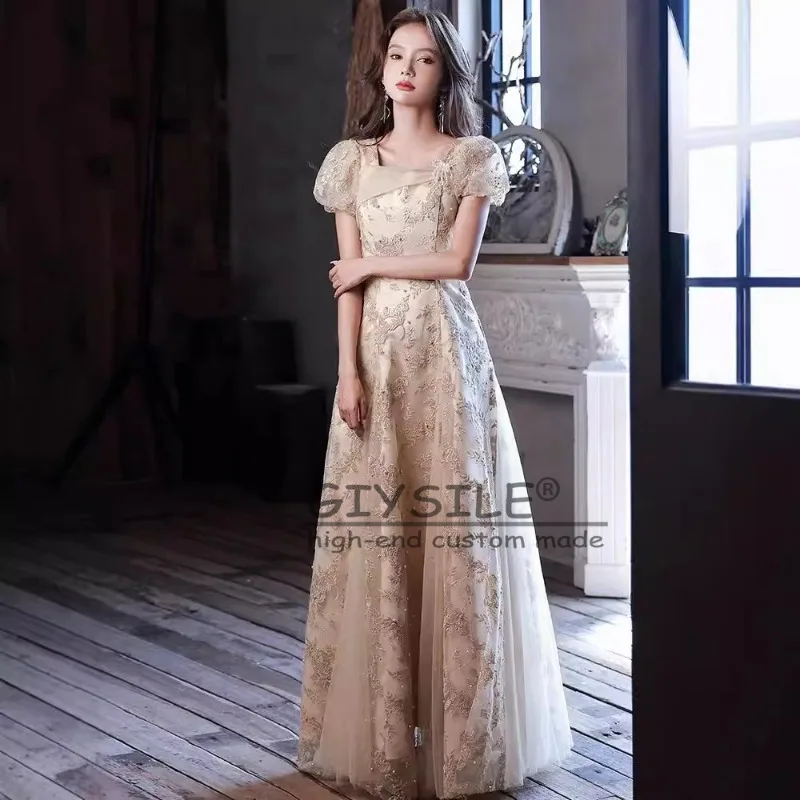 

GIYSILE индивидуальное модное сексуальное вечернее платье цвета шампанского, новинка 2025 года, вечерние платья трапециевидной формы с квадратным вырезом и короткими рукавами на молнии сзади
