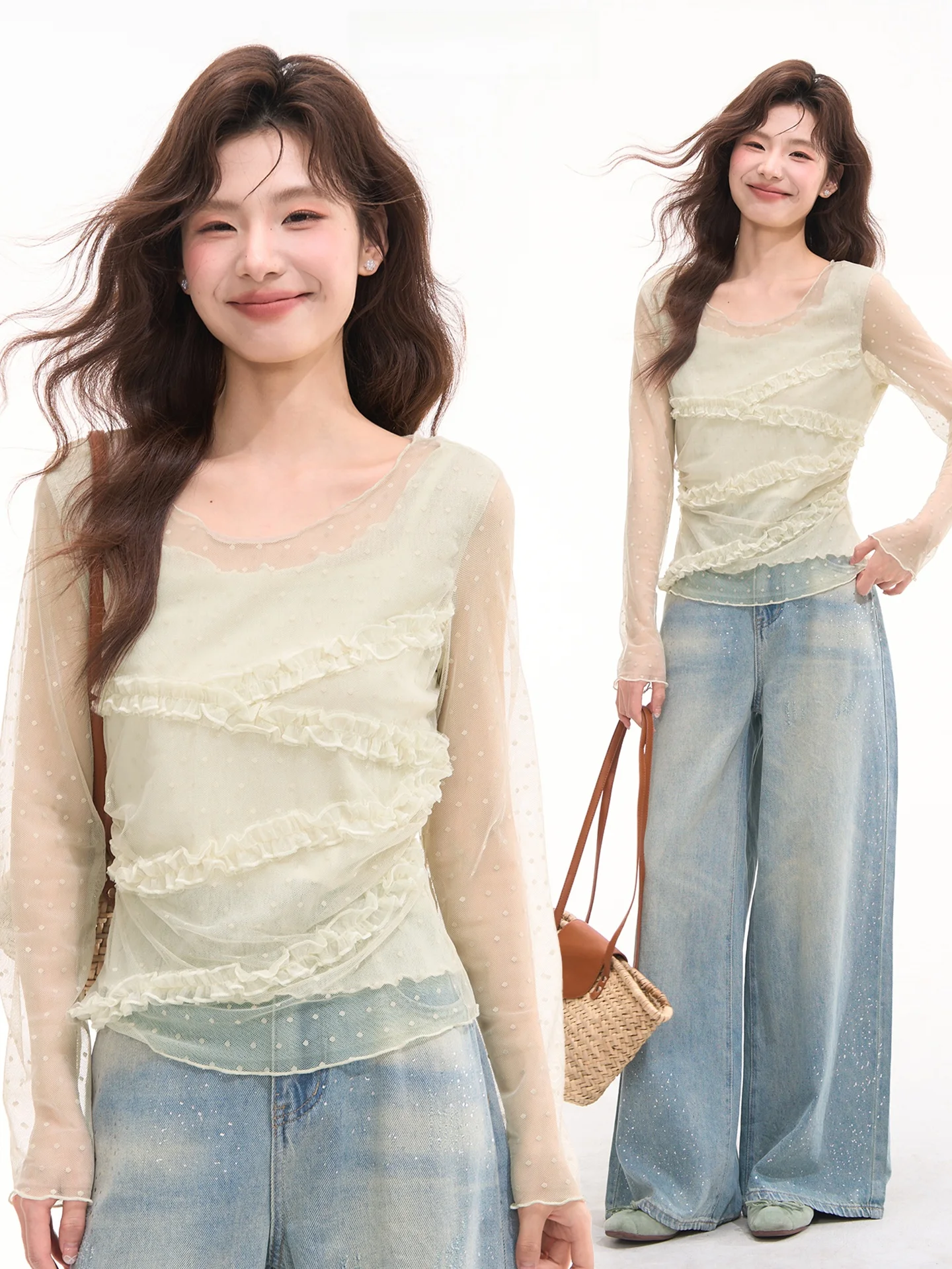 

Женская футболка с длинным рукавом в горошек Mint Iced Tea Earlet, весна-лето, повседневный стиль, стандартный крой, смесь полиэстера и вискозы