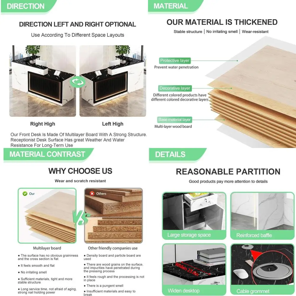 

Офисная стойка ресепшн L-образной формы с местом для хранения, 63/160 см, черно-белая