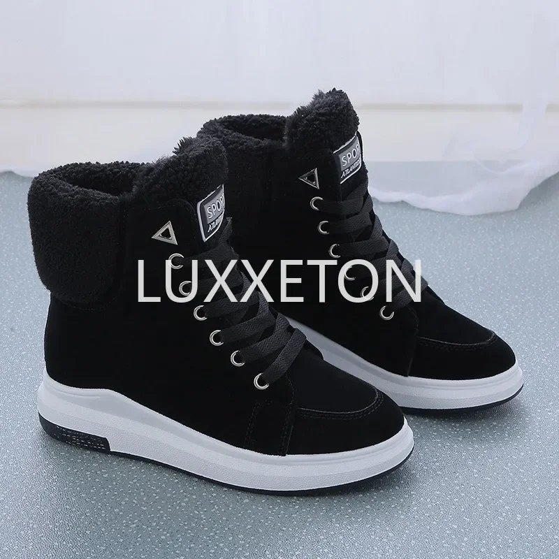 2024 Winter Boots Women Ankle Boots Warm PU Plush Winter Woman Shoes Sneakers Flats Lace Up Ladies Shoes Women Short Snow Boots