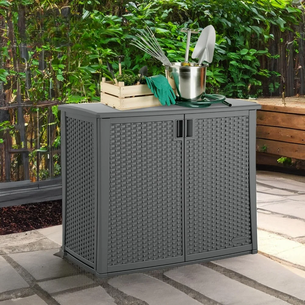 

Outdoor Storage Cabinet with Pad-Lockable Doors, Freestanding Outdoor Patio Storage Unit, 42" W x 23" D x 35.5" H, Cool Gray