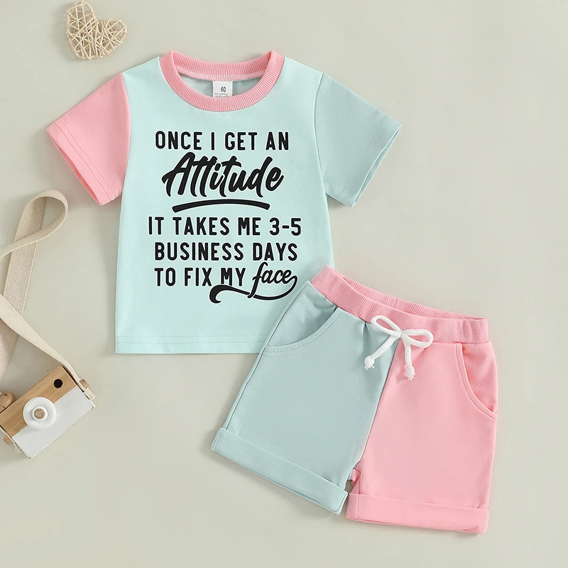 

Toddler Girl Summer Clothes Letter Print Short Sleeve Round Neck T-Shirt with Contrast Color Shorts