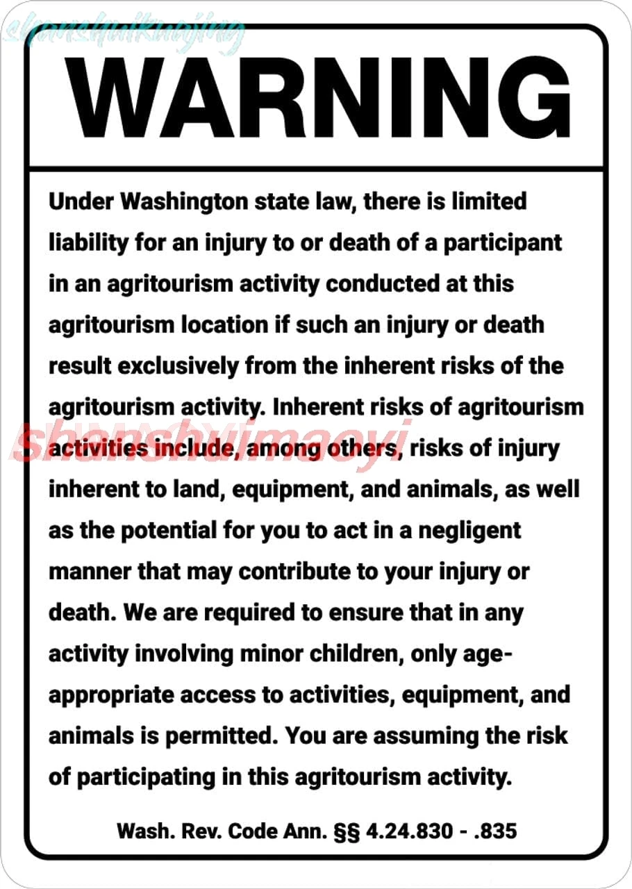 Warning: Washington Agritourism Liability WA - Wall Sign Facility Signs 12