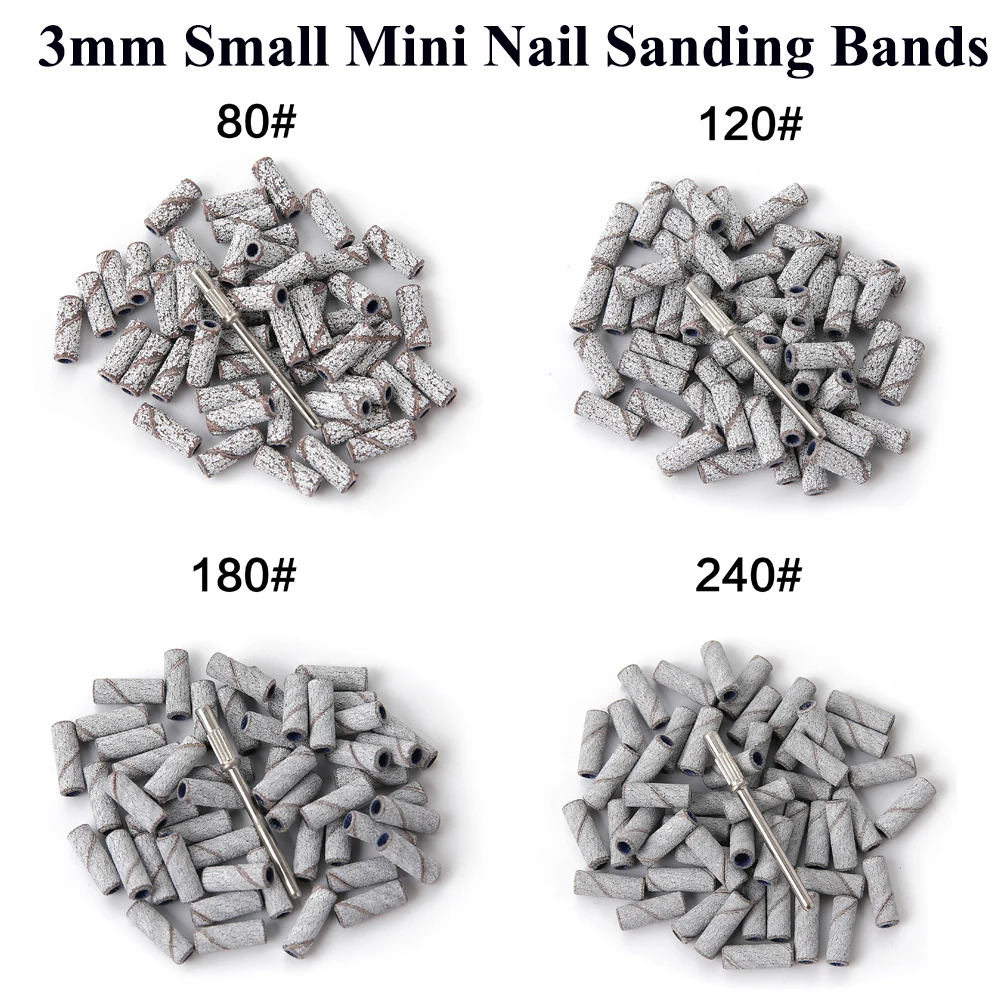 50pcs/box 3mm Mini Nail Sanding Bands 80/120/180/240 Grit With Mandrel Electric Nail File Acessory Gel Polishing Manicure Tool
