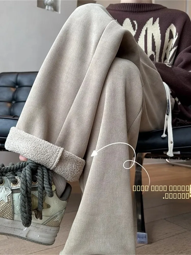 

Men's Thiened Fce Lined Oversize Casual Pants Autumn Winter Wide Leg Sweatpants Elastic Waist Pure Color Trendy Sle