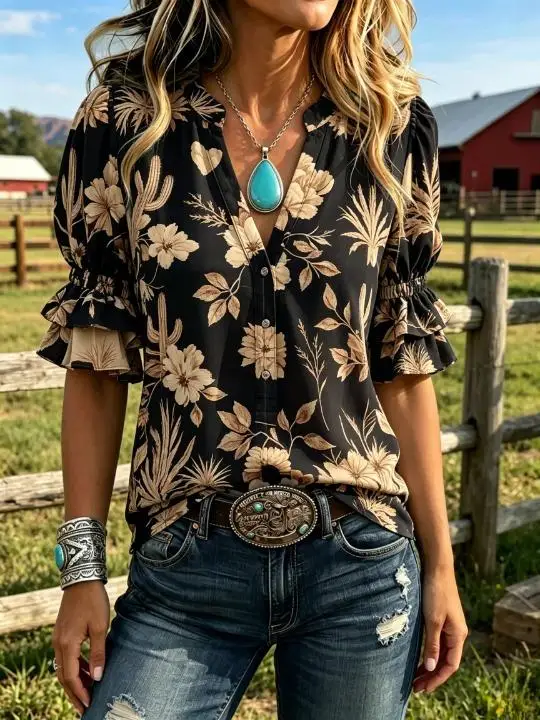 Women Plaid Floral Blouse Notched V‑Neck Button Front Double‑Layer Ruffle 3/4 Sleeve Cowgirl Farm Casual Loose Shirt Top view 5